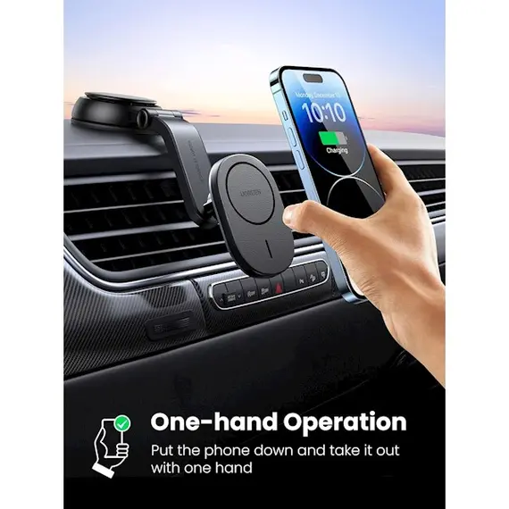 უსადენო დამტენი UGREEN CD345 (15120), 15W, Magnetic Car Wireless Charger MagSafe, Black , 4 image - Primestore.ge