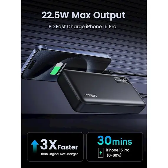 Portable charger UGREEN PB312(25683), 20000mAh, USB Type-C, USB, Two-way Power Bank, Black, 4 image