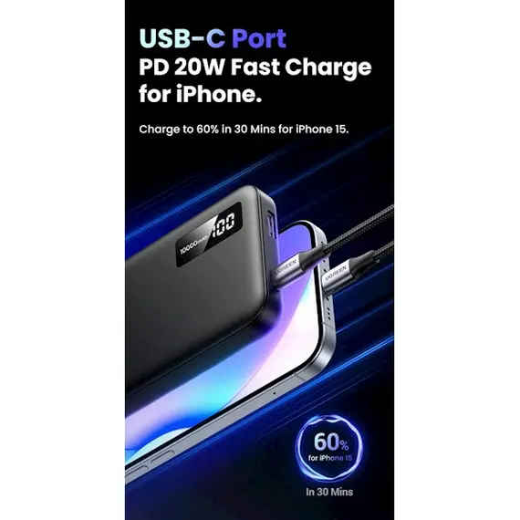 პორტატული დამტენი UGREEN 25742, 1000mAh, USB-C, USB, Two-way Power Bank, Black , 4 image - Primestore.ge