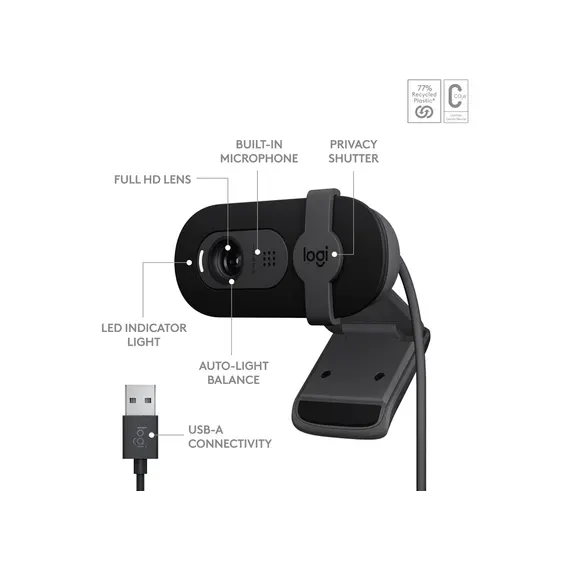 ვებკამერა LOGITECH Brio 100 Full HD Webcam - GRAPHITE - USB - EMEA28-935 , 2 image - Primestore.ge