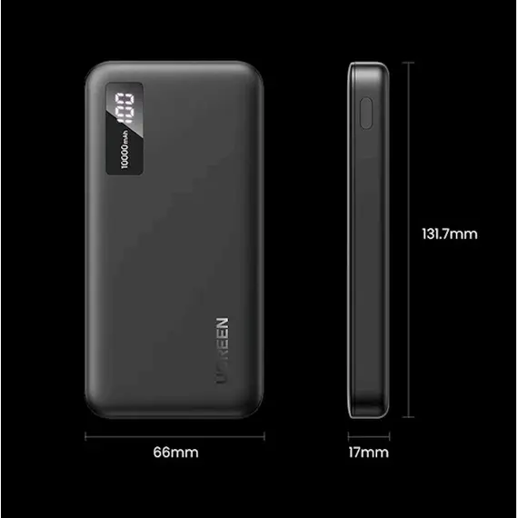 პორტატული დამტენი UGREEN 25742, 1000mAh, USB-C, USB, Two-way Power Bank, Black , 2 image - Primestore.ge