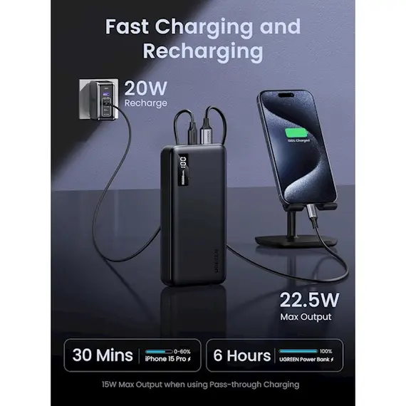 Portable charger UGREEN PB312(25683), 20000mAh, USB Type-C, USB, Two-way Power Bank, Black, 6 image