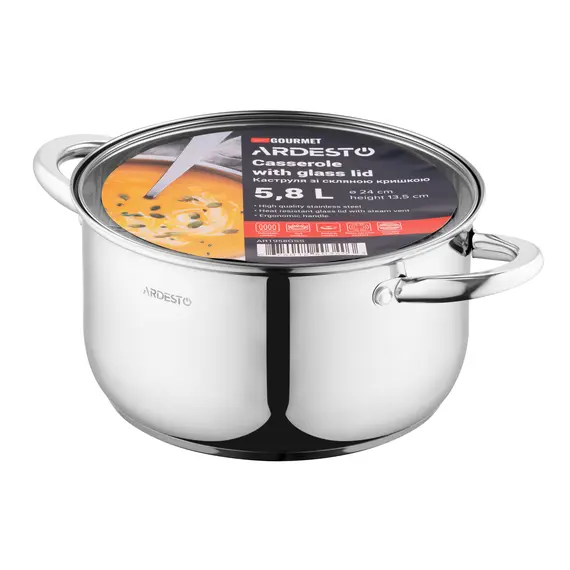 ქვაბი Ardesto Casserole with glass lid Gemini Gourmet Spoleto,, 5.8l, stainless steel , 4 image - Primestore.ge
