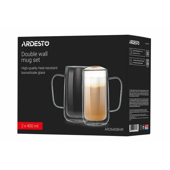 Ardesto Doublewall mug set with handles, 400ml, 2pcs, borosilicate glass, transparent, 6 image