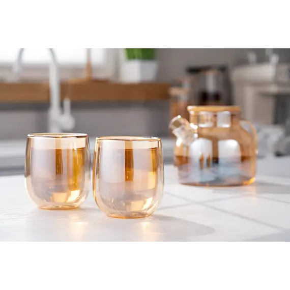 ჭიქების ნაკრები Ardesto Doublewall mug set Golden Moon, 250ml, 2pcs, borosilicate glass, golden , 2 image - Primestore.ge