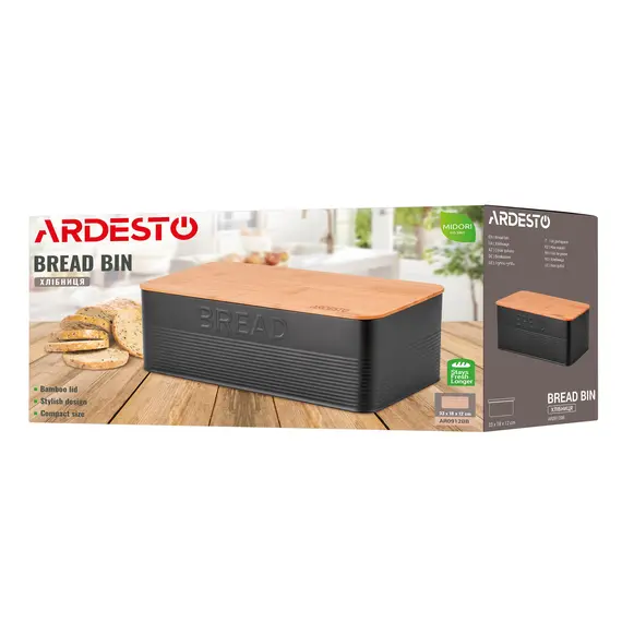 პურის შესანახი Ardesto Bread bin Midori 33х18х12cm, metal, bamboo, black , 8 image - Primestore.ge