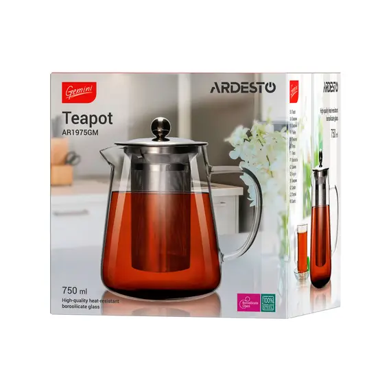 ჩაიდანი Ardesto Teapot Gemini Milano, 750ml, borosilicate glass, stainless steel, transparent , 2 image - Primestore.ge