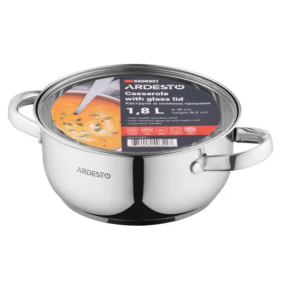 ქვაბი Ardesto Casserole with glass lid Gemini Gourmet Aosta, 1.8l, stainless steel , 4 image - Primestore.ge