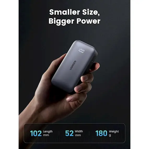 Portable charger UGREEN PB502 (25185) Nexode, 10000mAh, USB Type-C, USB, Power Bank, Gray, 7 image