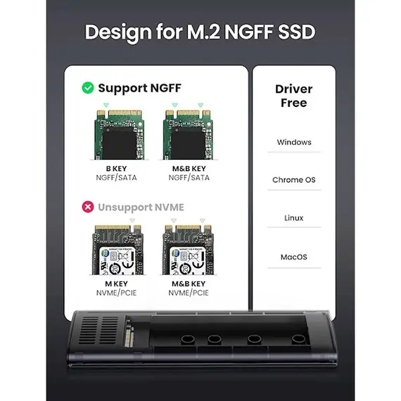 გარე მყარი დისკის ქეისი UGREEN 10903 M.2 SATA NGFF SSD Enclosure, Aluminum USB 3.1 Gen 2 to B-Key 6Gbps with External UASP Solid State Drive Enclosure , 2 image - Primestore.ge