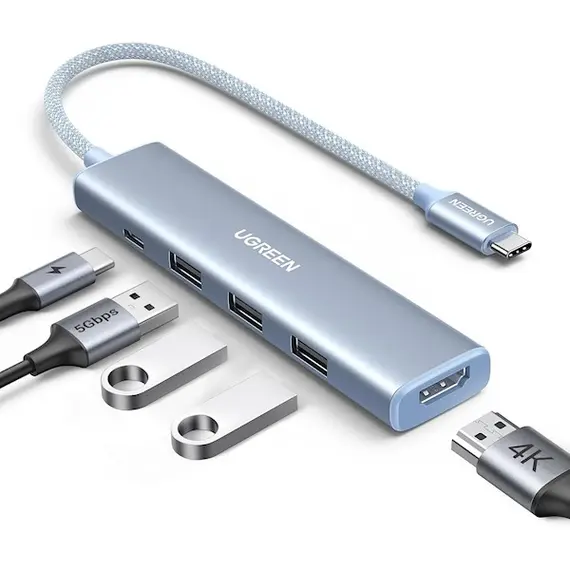 USB-C ჰაბი UGREEN CM478 (35581), USB, USB-C, HDMI, HUB, Blue  - Primestore.ge