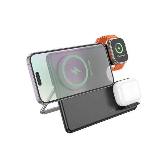 პორტატული დამტენი Hoco CQ1 Geek folding 3-in-1 magnetic wireless fast charger(for iWatch) black , 2 image - Primestore.ge