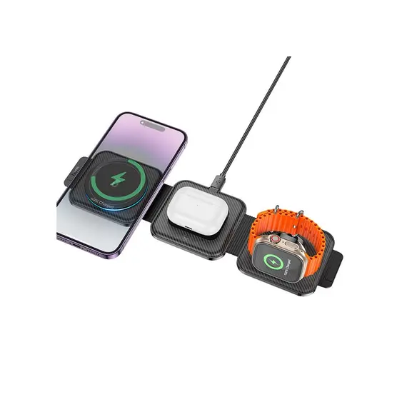 პორტატული დინამიკი Hoco CQ4 Unique 3-in-1 folding magnetic wireless fast charger Black , 4 image - Primestore.ge