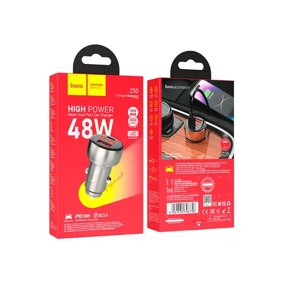 მანქანის დამტენი Hoco Z50 Leader 48W Dual-Port PD30W+QC3.0 Car Charger With Digital Display Metal Gray , 3 image - Primestore.ge