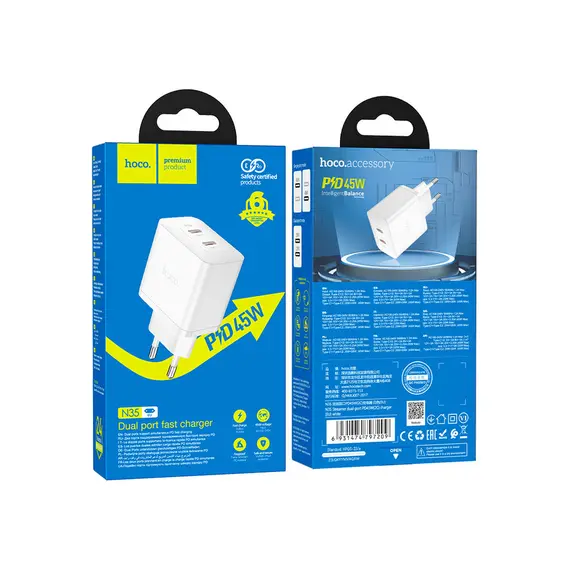 Adapter Hoco N35 Streamer dual-port PD45W (2C) charger white, 4 image