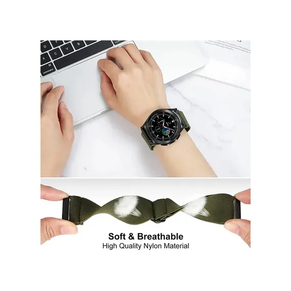 სმარტ საათის სამაჯური For Samsung Galaxy Watch6 Classic 47mm 43mm Watch Strap 20mm Adjustable Nylon Wrist Band - Dark Olive Green , 2 image - Primestore.ge