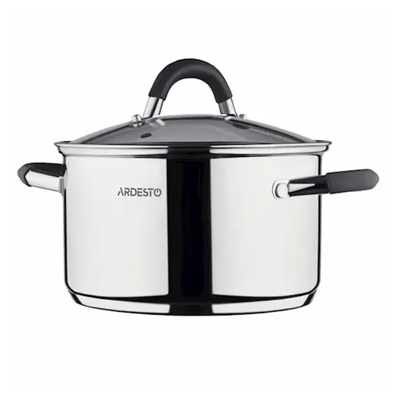 ქვაბი Casserole Ardesto Gemini, glass lid, 3.6 l, gray handles with silicone, stainless steel  - Primestore.ge