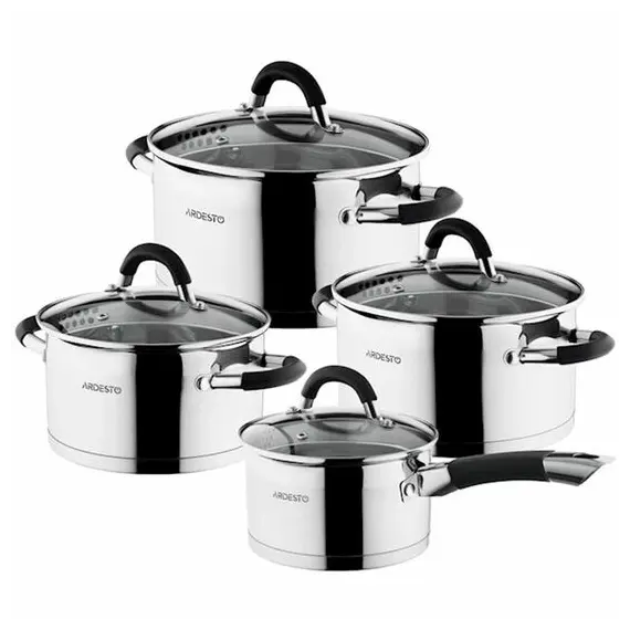 Ardesto Cookware set Gemini Monza with drain, 8 pcs., Handles with gray silicone, stainless steel