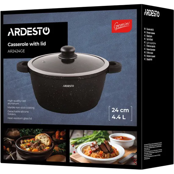 ქვაბი Ardesto Casserole with glass lid Gemini Anzio, 4.4l, aluminium, black , 7 image - Primestore.ge