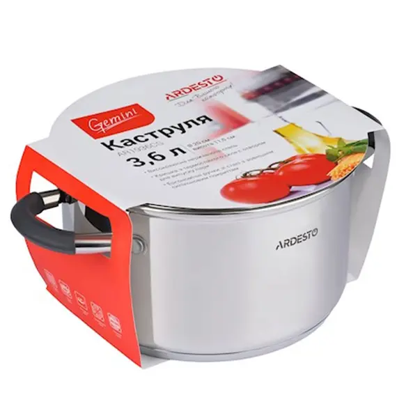 ქვაბი Casserole Ardesto Gemini, glass lid, 3.6 l, gray handles with silicone, stainless steel , 3 image - Primestore.ge