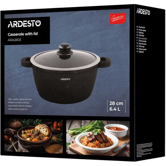 ქვაბი Ardesto Casserole with glass lid Gemini Anzio, 6.4l, aluminium, black , 6 image - Primestore.ge