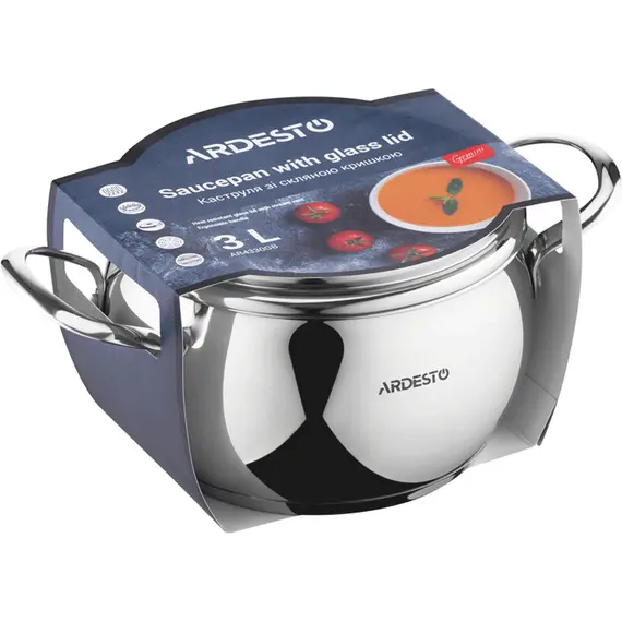 ქვაბი Ardesto Casserole with glass lid Gemini Liguria, 3l, stainless steel , 4 image - Primestore.ge