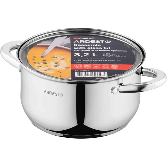 ქვაბი Ardesto Casserole with glass lid Gemini Gourmet Spoleto,, 3.2l, stainless steel , 4 image - Primestore.ge