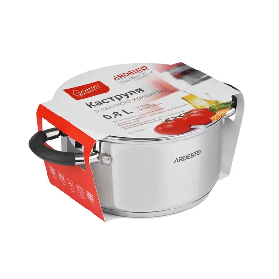 ქვაბი Ardesto Casserole with glass lid Gemini Salerno, 0.8l, stainless steel, silicone , 2 image - Primestore.ge