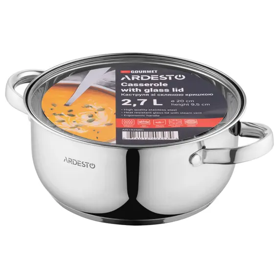 ქვაბი Ardesto Casserole with glass lid Gemini Gourmet Aosta, 2.7l, stainless steel , 3 image - Primestore.ge