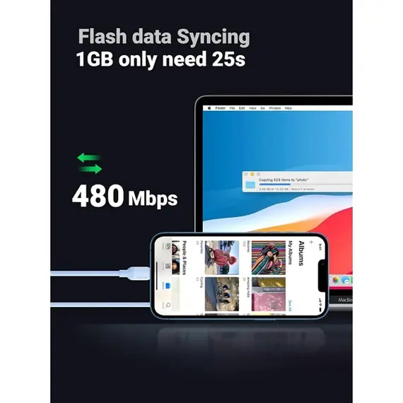 USB Cable UGREEN US387 (20313), MFi, USB-C To Lightning, 1m, Navy blue, 5 image