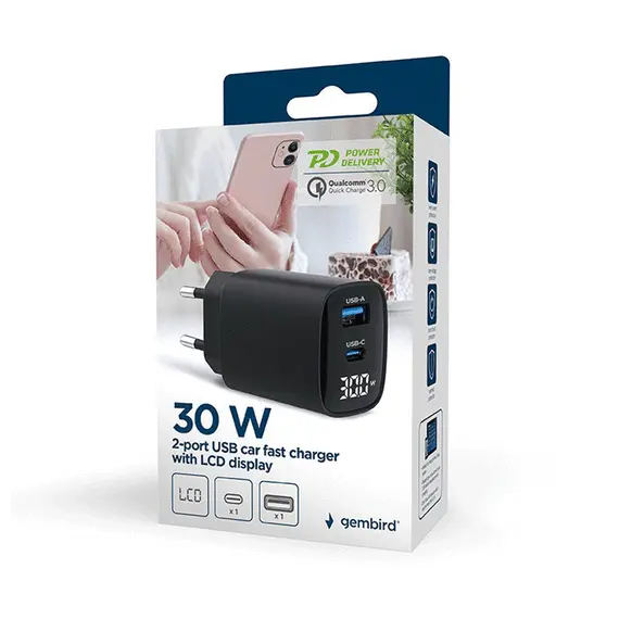 დამტენი Gembird TA-UC-PDQC30LCD-BK-01 2-port 30W USB Fast Charger LCD Black , 4 image - Primestore.ge