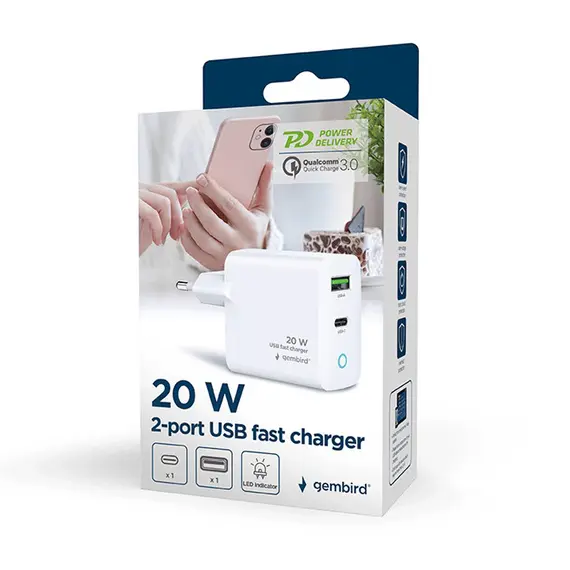ადაპტერი Gembird TA-UC-PDQC20L-W-01 2-port 20W USB Fast Charger LED White , 5 image - Primestore.ge