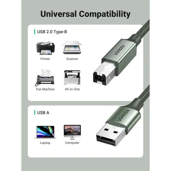 პრინტერის კაბელი UGREEN 90817, USB-A To USB-B, Printer Cable, 3m, Green , 2 image - Primestore.ge