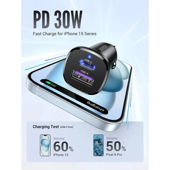 მანქანის დამტენი UGREEN 25845, 30W, USB, Type-C, USB-C, Black , 4 image - Primestore.ge