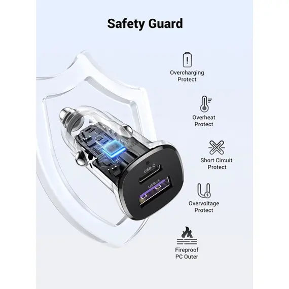 მანქანის დამტენი UGREEN 25845, 30W, USB, Type-C, USB-C, Black , 2 image - Primestore.ge