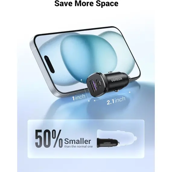 მანქანის დამტენი UGREEN 25845, 30W, USB, Type-C, USB-C, Black , 3 image - Primestore.ge
