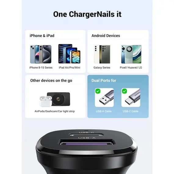 მანქანის დამტენი UGREEN 25845, 30W, USB, Type-C, USB-C, Black , 5 image - Primestore.ge