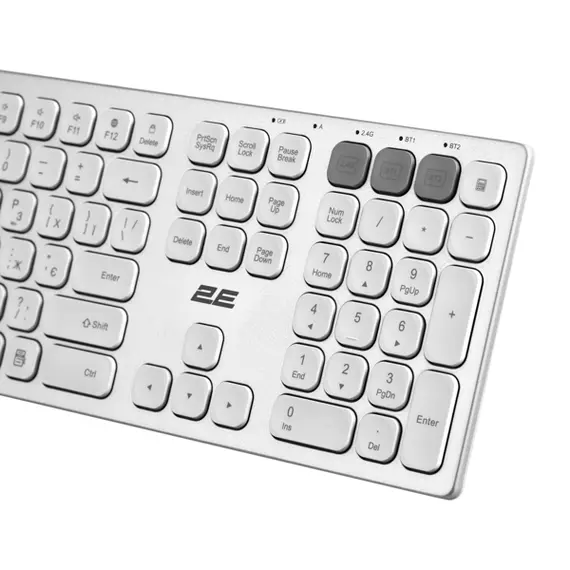 კლავიატურა 2E 2E-KS270WBWH Scissor, Wireless, USB, Bluetooth, Keyboard, White/Silver - Primestore.ge
