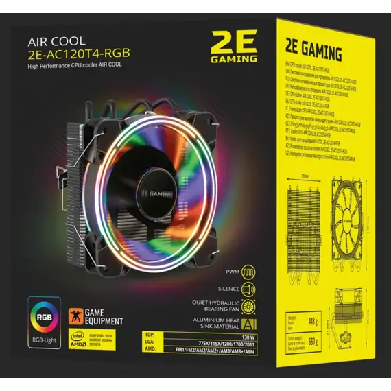 ქულერი 2E GAMING CPU cooler Air Cool AC120T4-ARGB, LGA1700, 1200, 115x, 1366, AM5, AM4, AM3, AM3+, 4pin PWM, 3pin +5VARGB, TDP 130W , 3 image - Primestore.ge