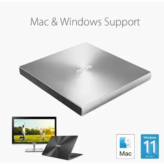 დისკის წამკითხველი ASUS ODD portable SDRW-08U9M-U DVD+-R/RW burner M-DISC USB2.0 Slim silver Retail Box  - Primestore.ge