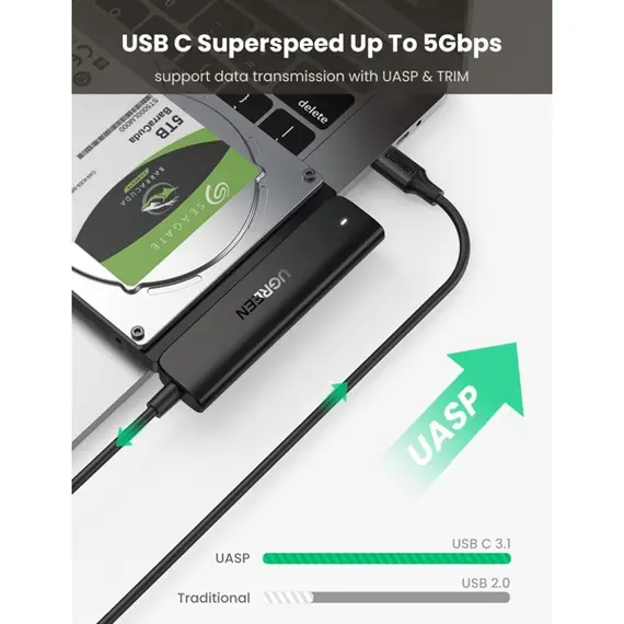 Type-C ადაპტერი UGREEN CM321 (70610), Type-C 3.0 to 2.5-Inch SATA Converter, 50cm, Black , 4 image - Primestore.ge