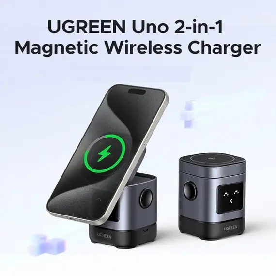 უსადენო დამტენი UGREEN Uno W709 (45775) Qi2, 15W, 2-in-1 Magnetic Wireless Charger, Black/Grey , 2 image - Primestore.ge