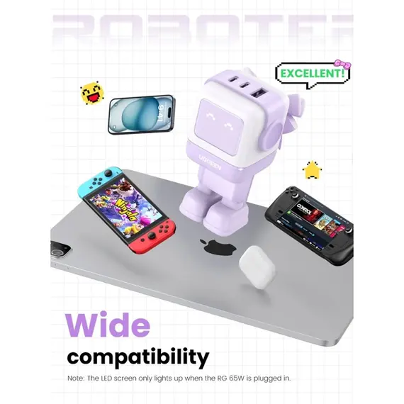 მობილურის დამტენი UGREEN CD361 (35291) Nexode Uno RobotGaN, 65W, USB, USB Type-C, Purple , 3 image - Primestore.ge