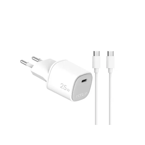 ადაპტერი და კაბელი Celly 25W Wall Charger (with Type-C toType-C Cable) White  - Primestore.ge
