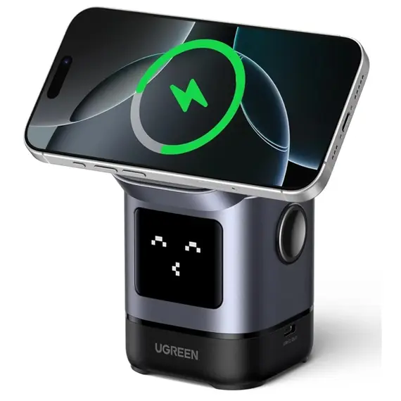 უსადენო დამტენი UGREEN Uno W709 (45775) Qi2, 15W, 2-in-1 Magnetic Wireless Charger, Black/Grey  - Primestore.ge