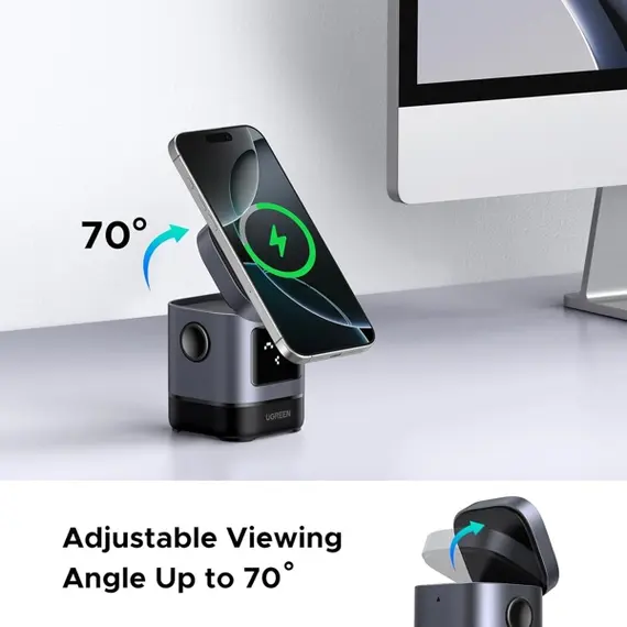 უსადენო დამტენი UGREEN Uno W709 (45775) Qi2, 15W, 2-in-1 Magnetic Wireless Charger, Black/Grey , 4 image - Primestore.ge