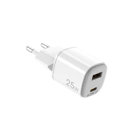 ადაპტერი Celly 25W 1xUSB-C, USB-A GaN Wall Charger White , 2 image - Primestore.ge