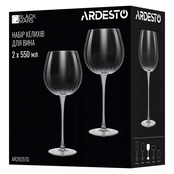 ჭიქების ნაკრები Ardesto AR2655TG Black Mars Orion, 550ml, 2pcs, Wine Glasses Set, Transparent/Grey , 3 image - Primestore.ge