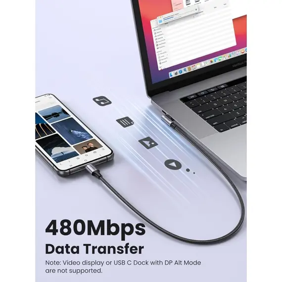 USB კაბელი UGREEN US255 (50122), 60W, Type-C to Angled Type-C Round, 0.5m, Grey , 7 image - Primestore.ge