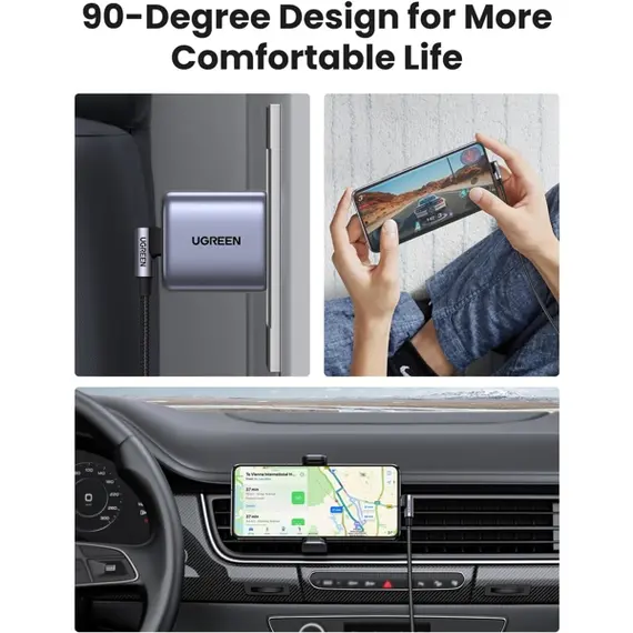 USB კაბელი UGREEN US255 (50122), 60W, Type-C to Angled Type-C Round, 0.5m, Grey , 4 image - Primestore.ge